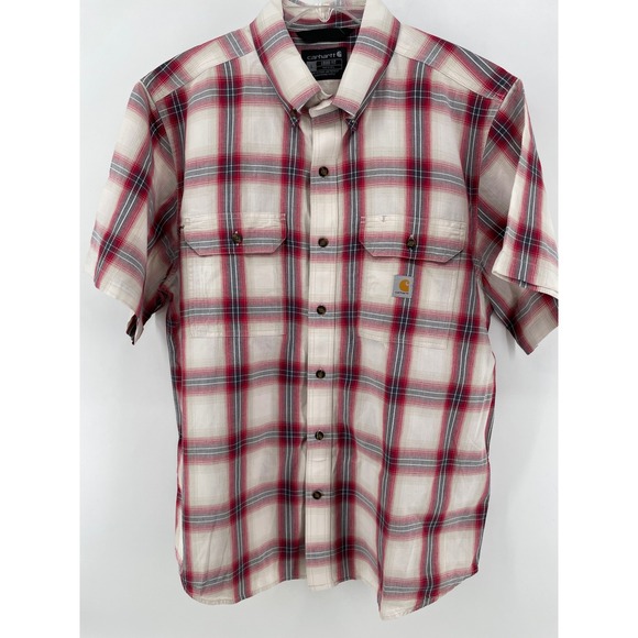 Carhartt Other - Carhartt Plaid Button Down Mens Large Red Cream‎ Loose Fit Short Sleeve Shirt
